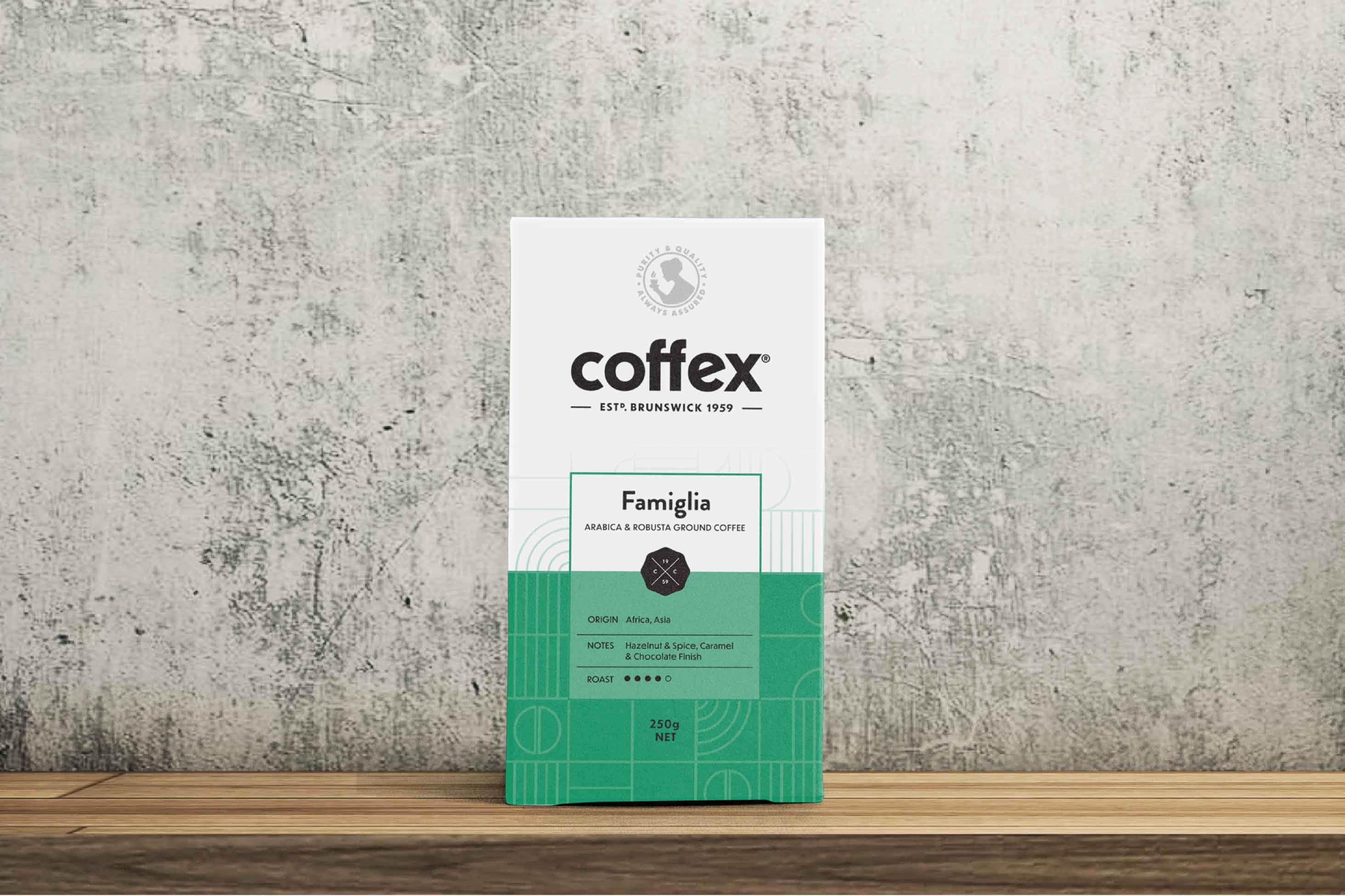 Coffex Classic Famiglia, a traditional blend perfect for plunger, percolator, stovetop moka pot.