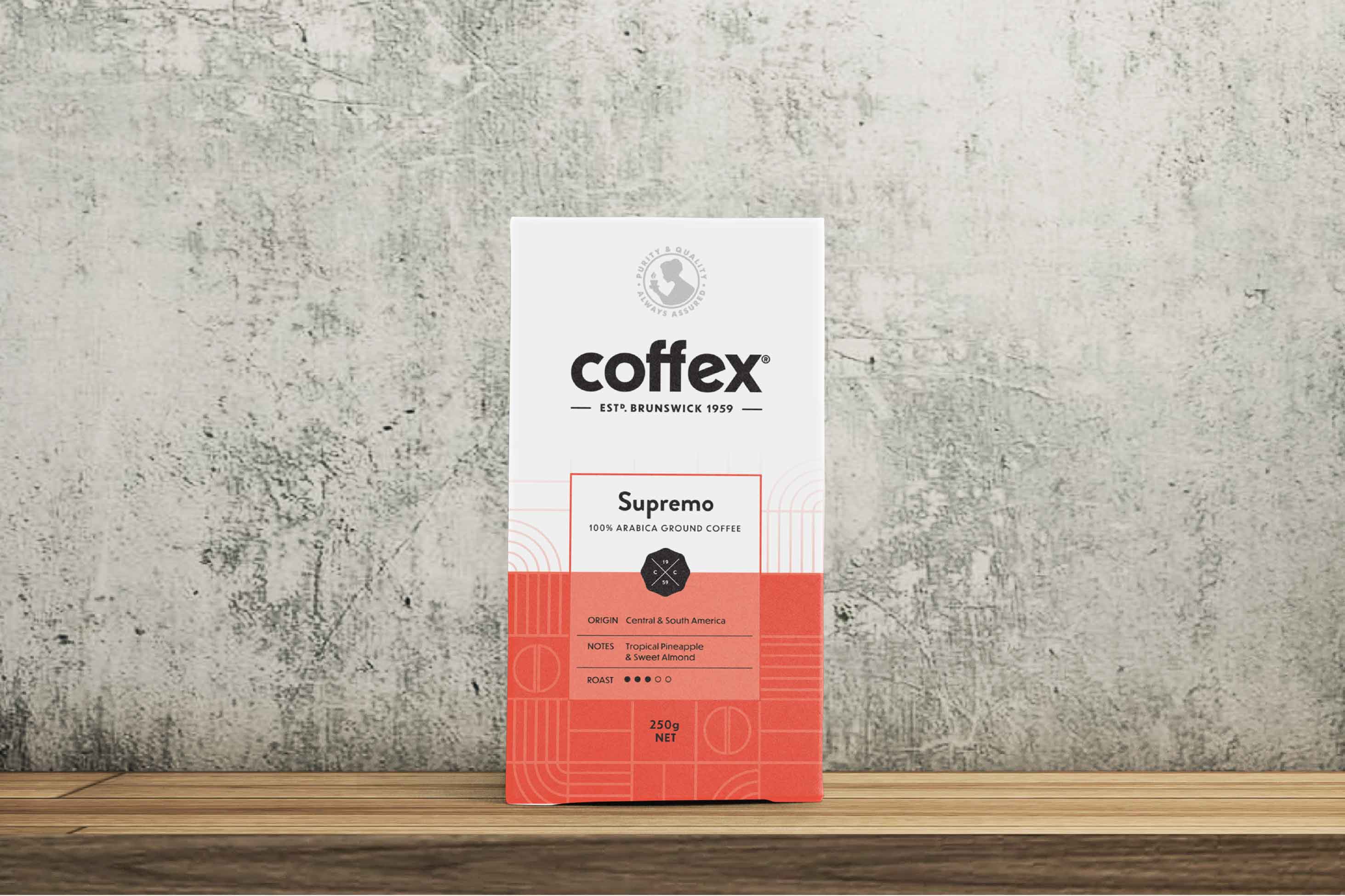 Coffex classic Supremo pre-ground for home plunger, filter or stovetop moka pot.